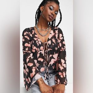 volume sleeve sheer blouse with corset bust in butterfly print